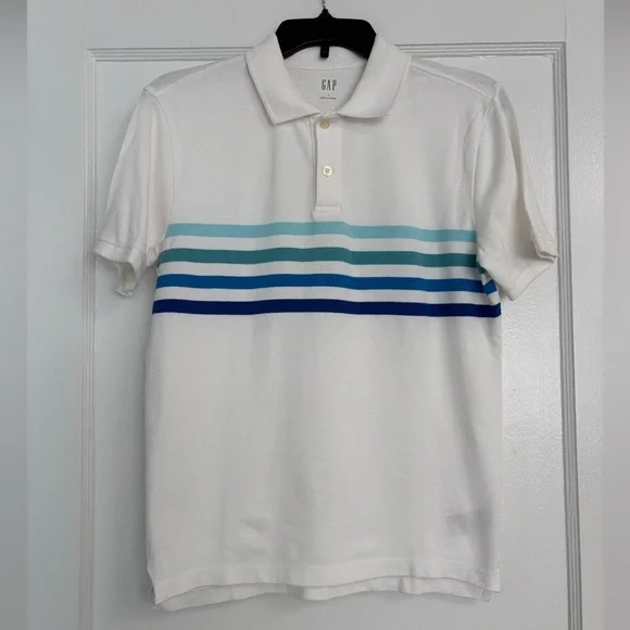 Men’s GAP Polo Shirt Cotton Short sleeves white w blue stripes Size Small - Picture 2 of 7